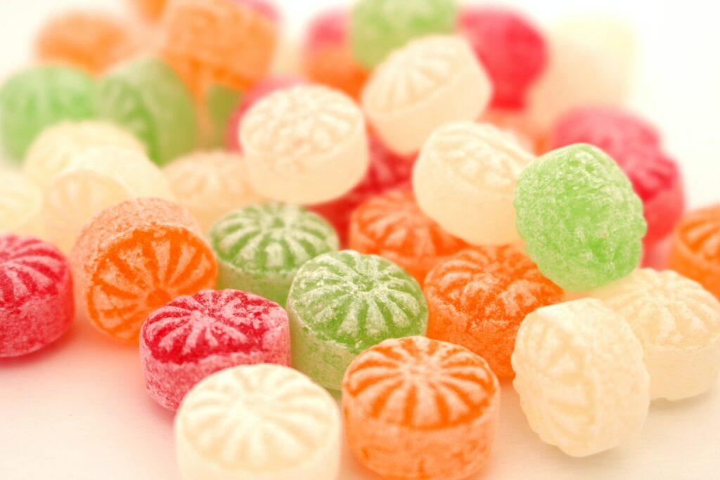 pink green and white candies
